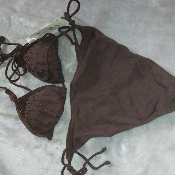 H&M women's brown beaded bikini top and bottom size 8 swimwear New - Picture 8 of 13